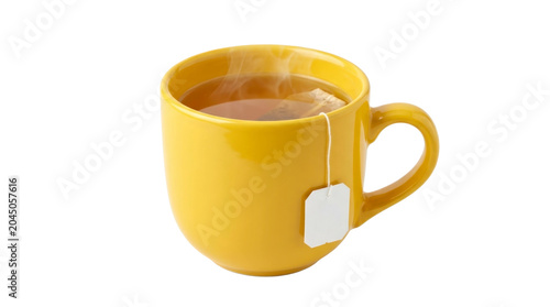 Yellow ceramic tea mug with steaming beverage and tag on a transparent background PNG file