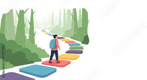 Man walking on colorful stone path through forest; conceptual illustration for life journey, career path, personal growth, and success milestones.