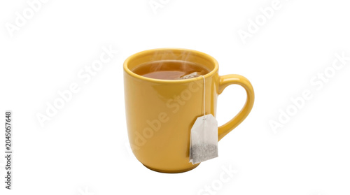 Yellow ceramic tea mug with a hanging bag on a transparent background PNG file