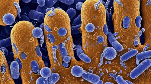 Microscopic view of gut villi colonized by bacteria. Intestinal track surface with blue microbes. Pathogen infection and intestinal health concept in medicine.