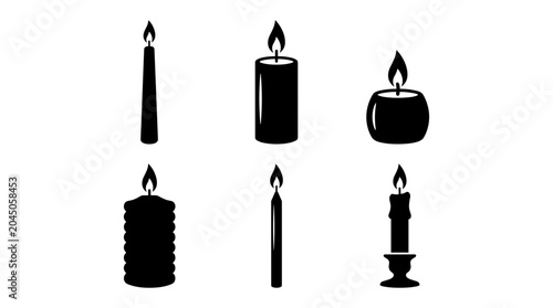 Set of six black silhouette candles with flames burning on white background