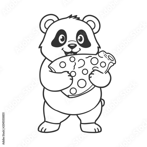 Funny Baby Panda Eating Big Pizza Slice Line Art Illustration