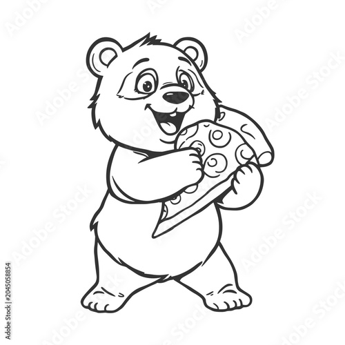 Playful Panda Snacking on Giant Pizza Slice Outline Art