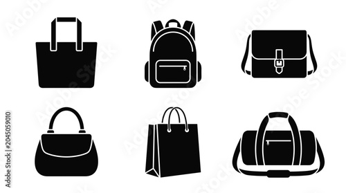 Collection of six different types of bags and luggage in black silhouette style