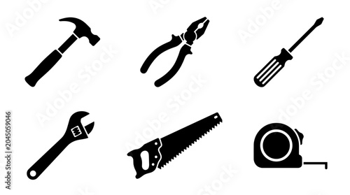 Collection of common hand tools including hammer pliers screwdriver wrench saw and tape measure