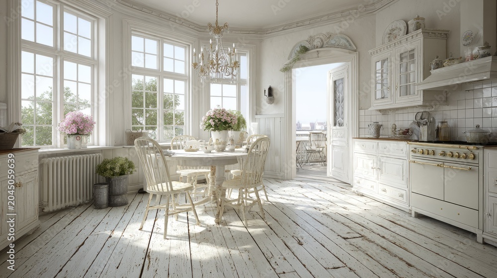 Fototapeta premium Bright, distressed white kitchen and dining area features large windows and access to an outdoor space