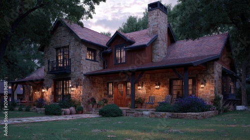 Rustic two story residence features stone exterior and illuminated entryway during twilight hours