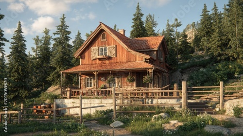 Rustic wooden cabin nestles deeply within a dense evergreen forest hillside under clear skies
