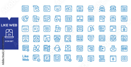 Tableau sur toile Web Icon Set Collection: A comprehensive collection of clean, blue line icons representing various aspects of web interface and user interaction, including social media, communication
