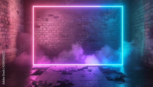 Neon rectangle on brick wall background.