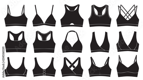 Diverse vector collection of women's bra styles, including sports bras, bralettes, and intimate apparel in sleek black silhouette icons