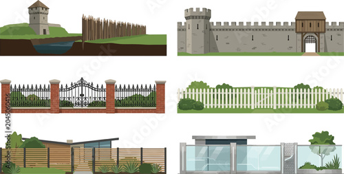 Tableau sur toile Collection of various fences and walls depicting historical fortifications tradi