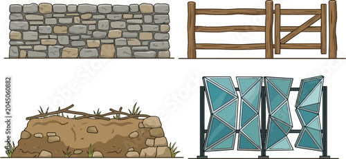 Bild auf Leinwand Diverse collection of hand-drawn wall and fence illustrations featuring stone wo