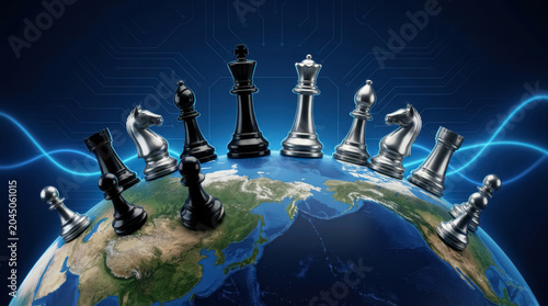 Global geopolitical chess on world map, international strategy, power rivalry and diplomacy concept on technology background.