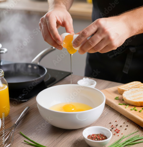 Man's hands cracking fresh organic eggs into white bowl on wooden modern kitchen table while cooking delicious breakfast omelette, healthy eating lifestyle and protein nutrition food concept