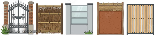 Foto Vector illustration set of diverse fence and gate designs featuring traditional