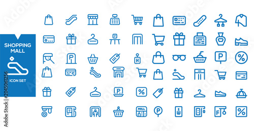 Schilderij op canvas Shopping Mall Icon Set: A comprehensive collection of line art icons representing various aspects of a shopping mall, from escalators and stores to shopping bags and payment methods