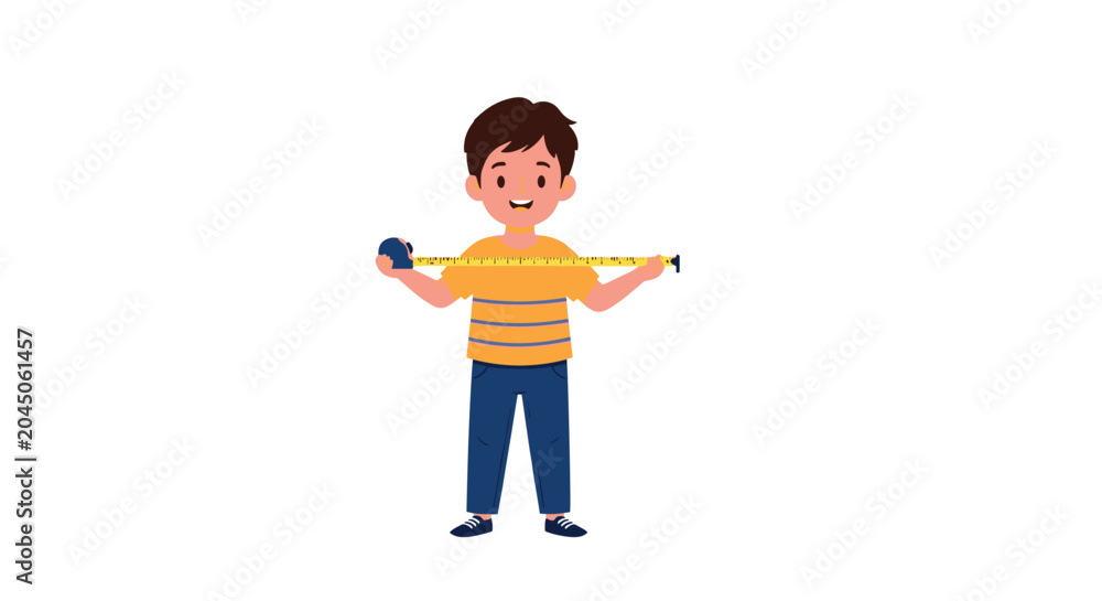 Fototapeta premium Happy young boy holding a yellow tape measure across his chest to check his height or width measurements.