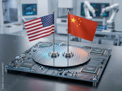 USA and China Flags on Semiconductor Microchip for AI Technology Competition. Global semiconductor supply chain, chip war, artificial intelligence superpower rivalry, and geopolitical tensions