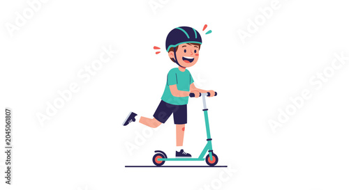 Cheerful young boy wearing a protective safety helmet rides a green kick scooter on a white background, promoting active outdoor fun.