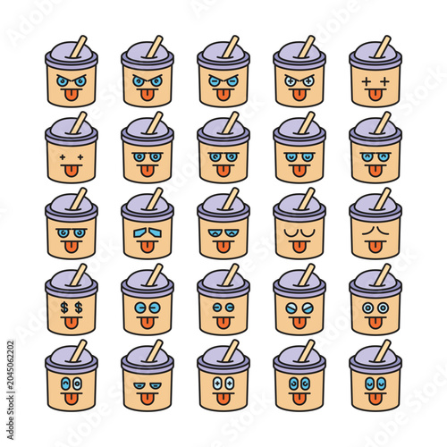 kawaii tea cup emoticons set vector illustration