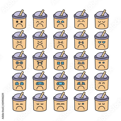 moody tea cup emoticons set vector illustration