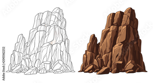 Massive rocky mountain peak shown in a detailed black and white sketch alongside a fully rendered brown version.