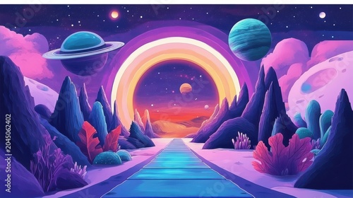 Surreal alien landscape with planets and glowing arch