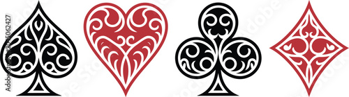 Foto Poker card, suit icon set, ornate hearts clubs diamonds and spades for casino ga