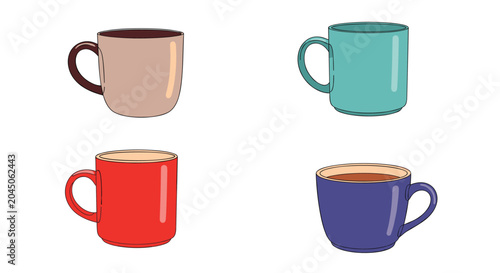 Set of four different colored ceramic coffee mugs including brown, blue, red, and purple on a white background.
