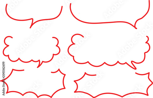 Set of hand drawn red speech bubbles and thought clouds with various outline styles isolated on a white background for