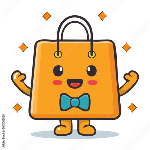 Cute Orange Shopping Bag Character with Bow Tie