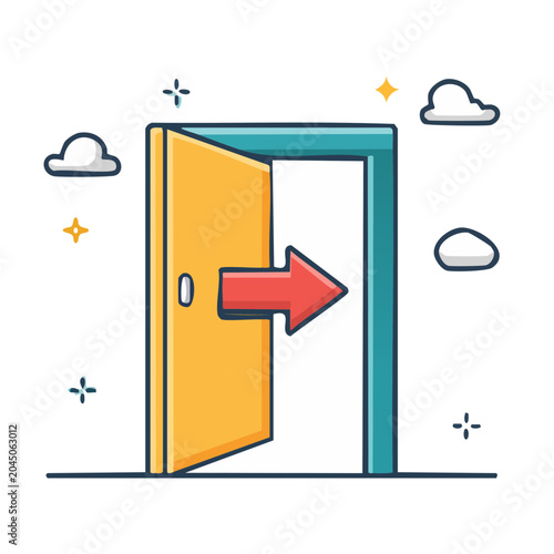 Open door with red arrow indicating exit or entrance