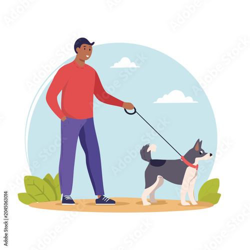 Man walking a dog in a park, flat design illustration