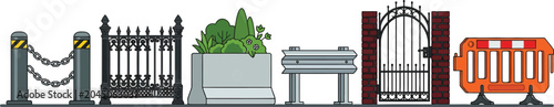 Foto A comprehensive set of urban and road safety barriers featuring chain stanchions