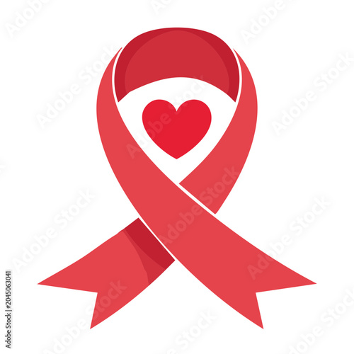 Red ribbon with heart symbol for awareness and support