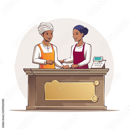 Two people working at a retail counter with a cash register