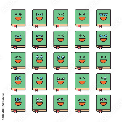 smiling book emoticons set vector illustration