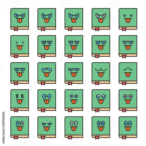 cheeky book emoticons set vector illustration