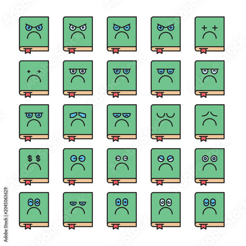 bored and moody book emoticons set vector illustration