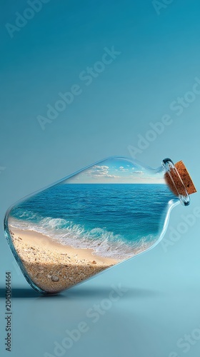 Beach inside glass bottle offering summer escape concept