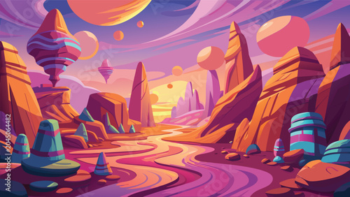 Schilderij op canvas Alien landscape with vibrant planets and towering rock formations during sunset