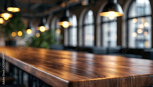 Warmly lit large polished wood table before arched windows