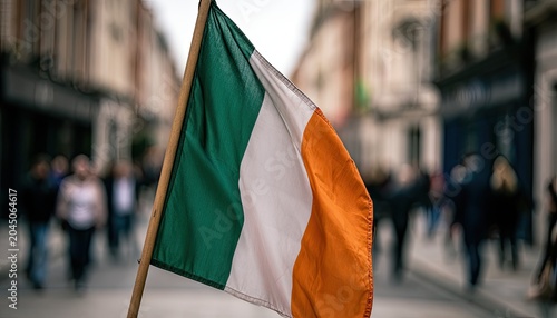 A vibrant national flag waves proudly in the foreground, a street scene blurred behind