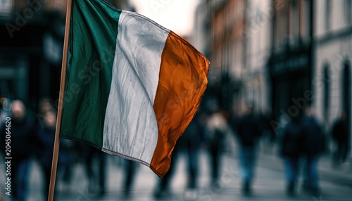 Waving tricolor flag against blurred urban street crowd
