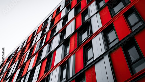 Geometric facade with bold red and silver panels and dark windows