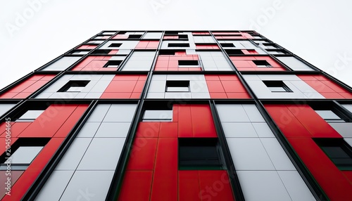 Abstract facade of building with red and gray geometric panels