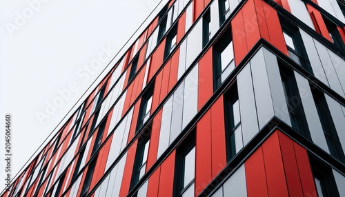 Modern building facade with striking red and white striped panels