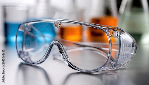 Clear safety glasses in focus, with blurred lab beakers and colorful liquids in background