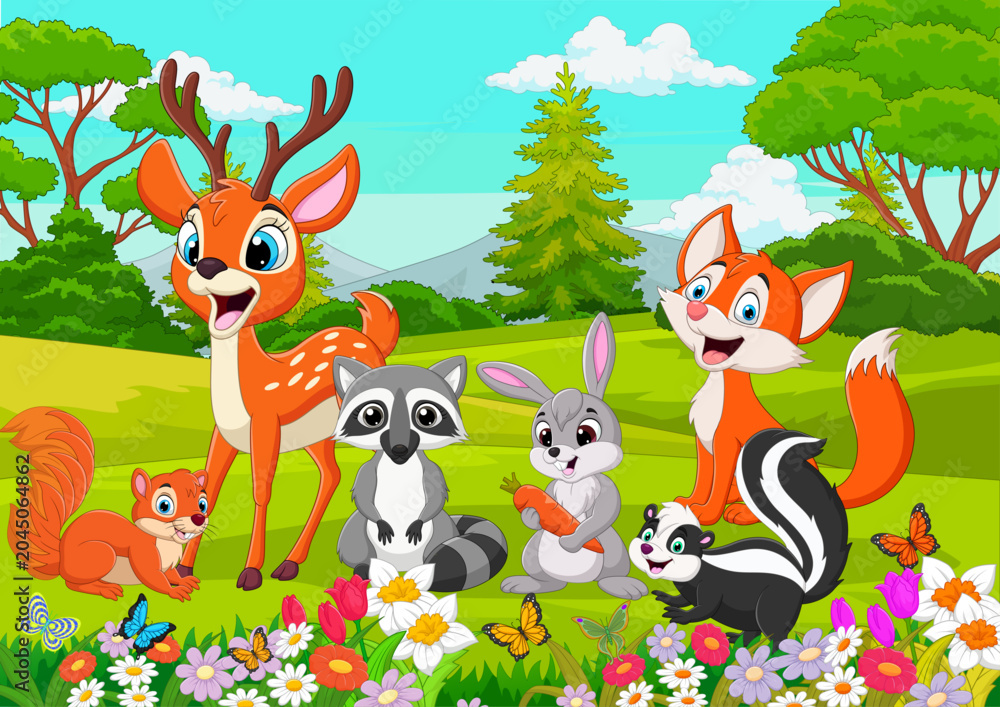 Naklejka premium Cute Forest Animals with Deer Rabbit and Squirrel Cartoon Illustration